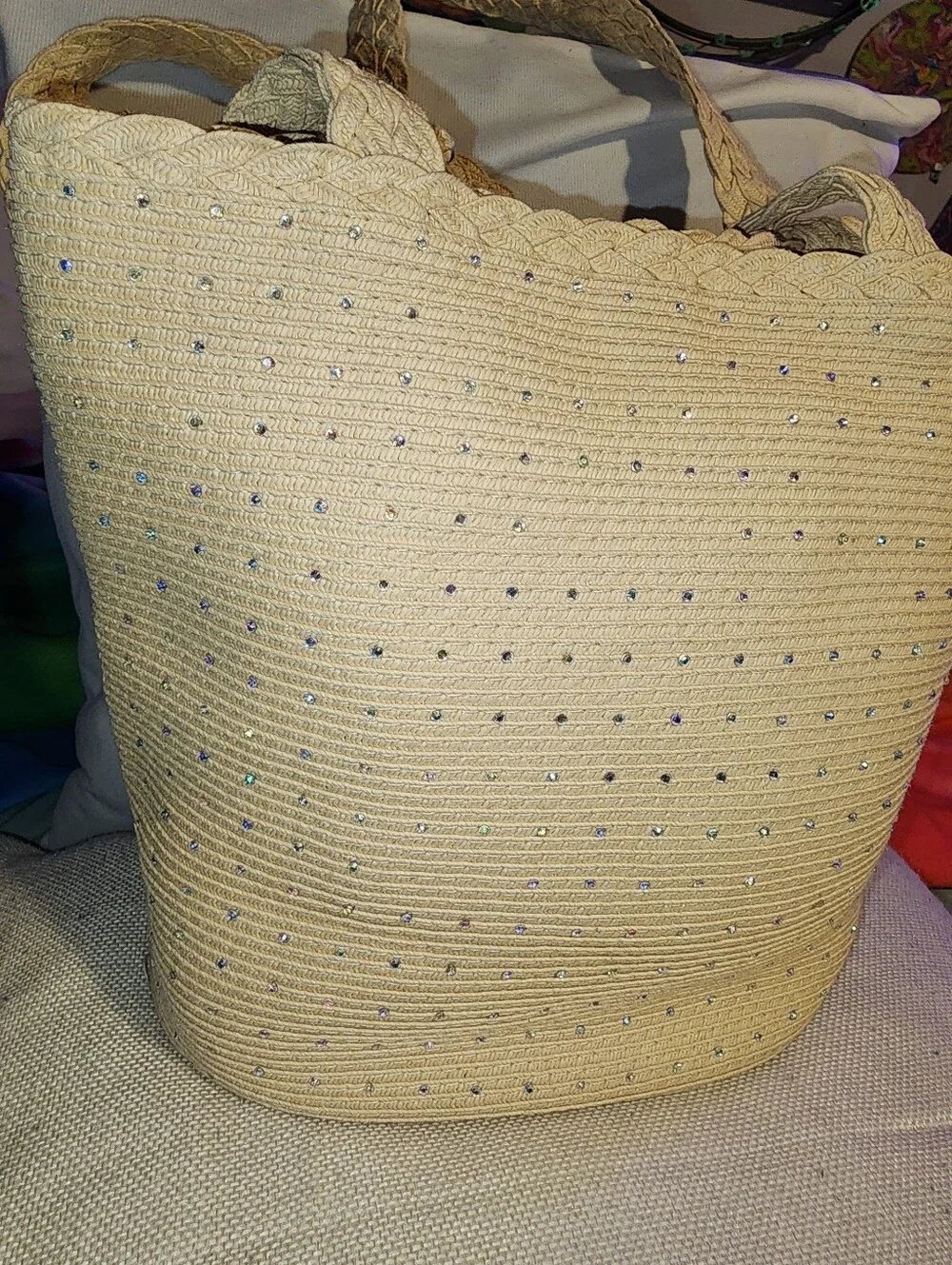 Capelli Beige Braided Weaved Rafia Tote Handbag with Rhinestone Accents